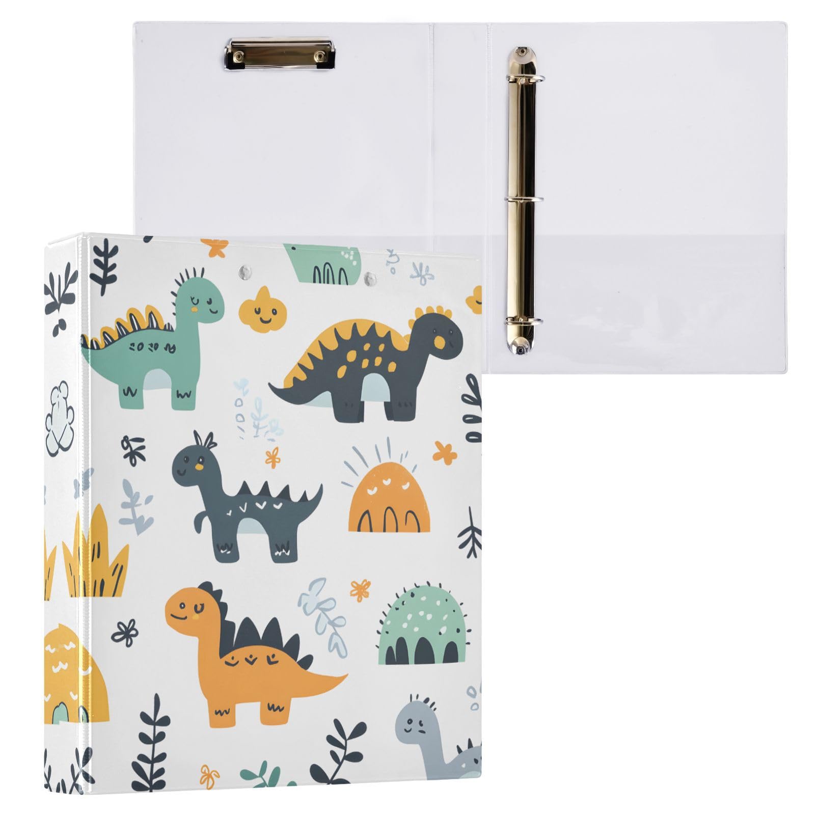Confezione da 2 raccoglitori a 3 anelli, motivo dinosauro, 3,8 cm, rotondi, con 3 tasche trasparenti, portablocco e contiene 200 fogli, per ufficio, scuola, organizzazione domestica