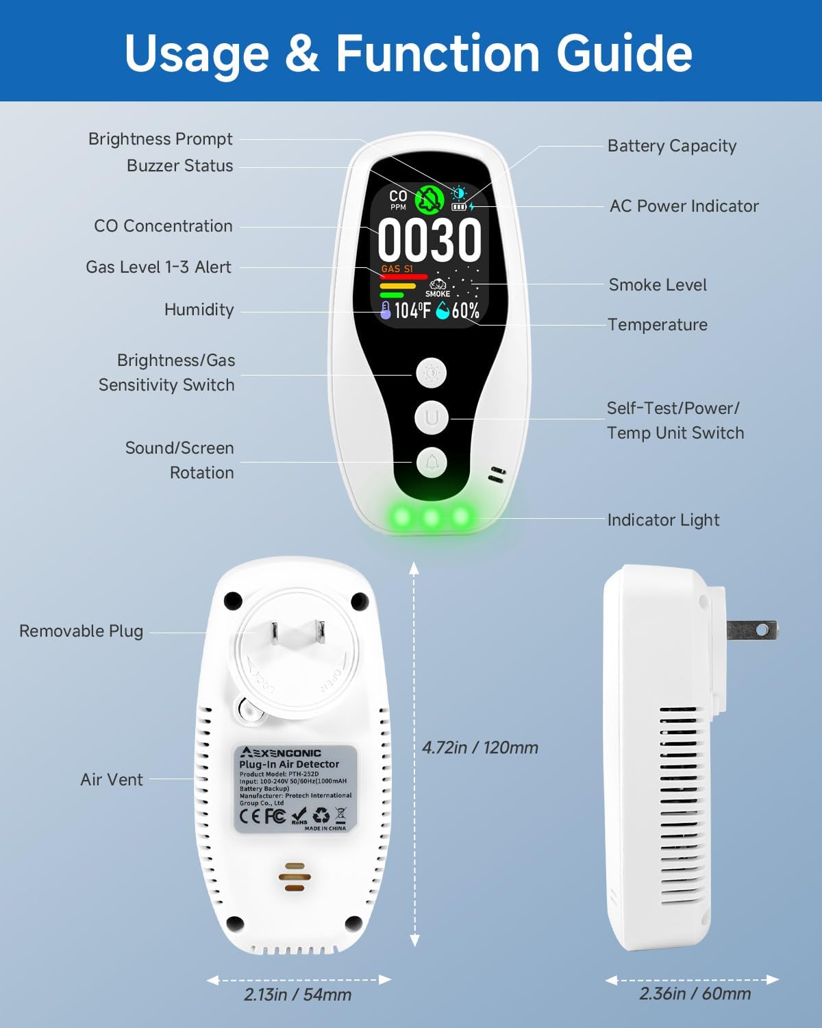 5-in-1 Smoke ＆ Carbon Monoxide Detector, Plug in Natural Gas Leak Detector with Battery Backup, CO ＆ Smoke Alarm with Temp & Humidity, CO Gas Detector Monitor for Home/RV/Hotel/Travel