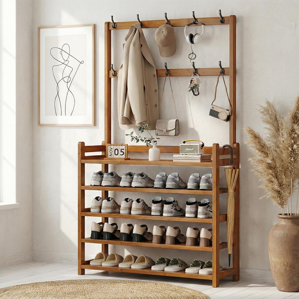 BSTHO Shoe Rack Coat Rack Hallway Storage Stand Freestanding Contemporary Iron for Space-Saving Footwear Storage and Organization Closet or Entryway Display. Durable Shoe Organizer Shelf (Natural)