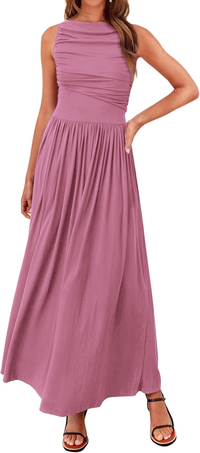 BTFBM Women Casual Dress 2025 Summer Sleeveless Ruched Maxi Dresses Boat Neck High Waist Lightweight Tank Dress Pockets Pink, Purple Small