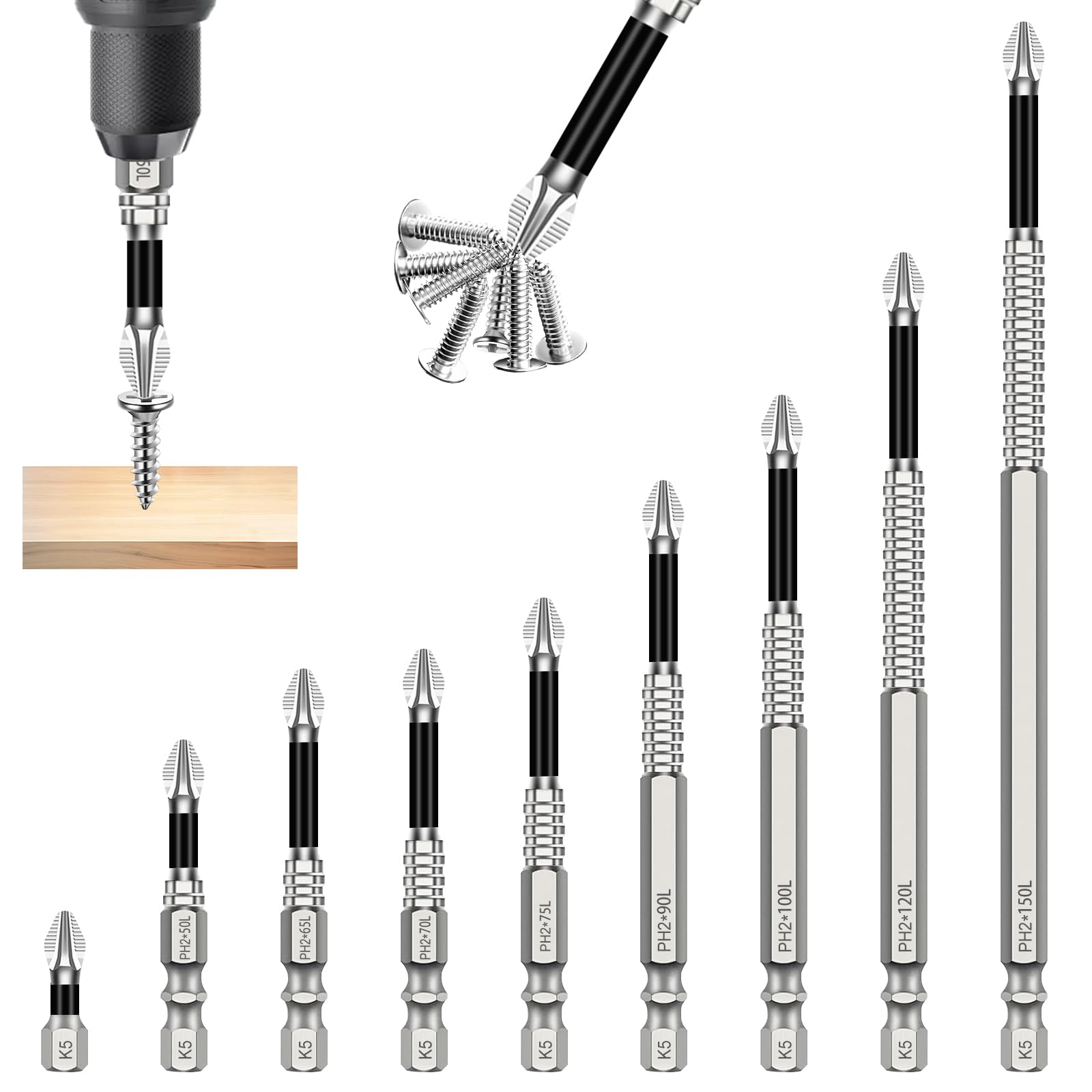 9Pcs High Magnetic Screwdriver Drill Bit Set, 25/50/65/70/75/90/100/120/150mm Anti-Slip Impact Bits, Strong Grip Professional Driver Bits, Compatible with Electric Drill and Driver Tools