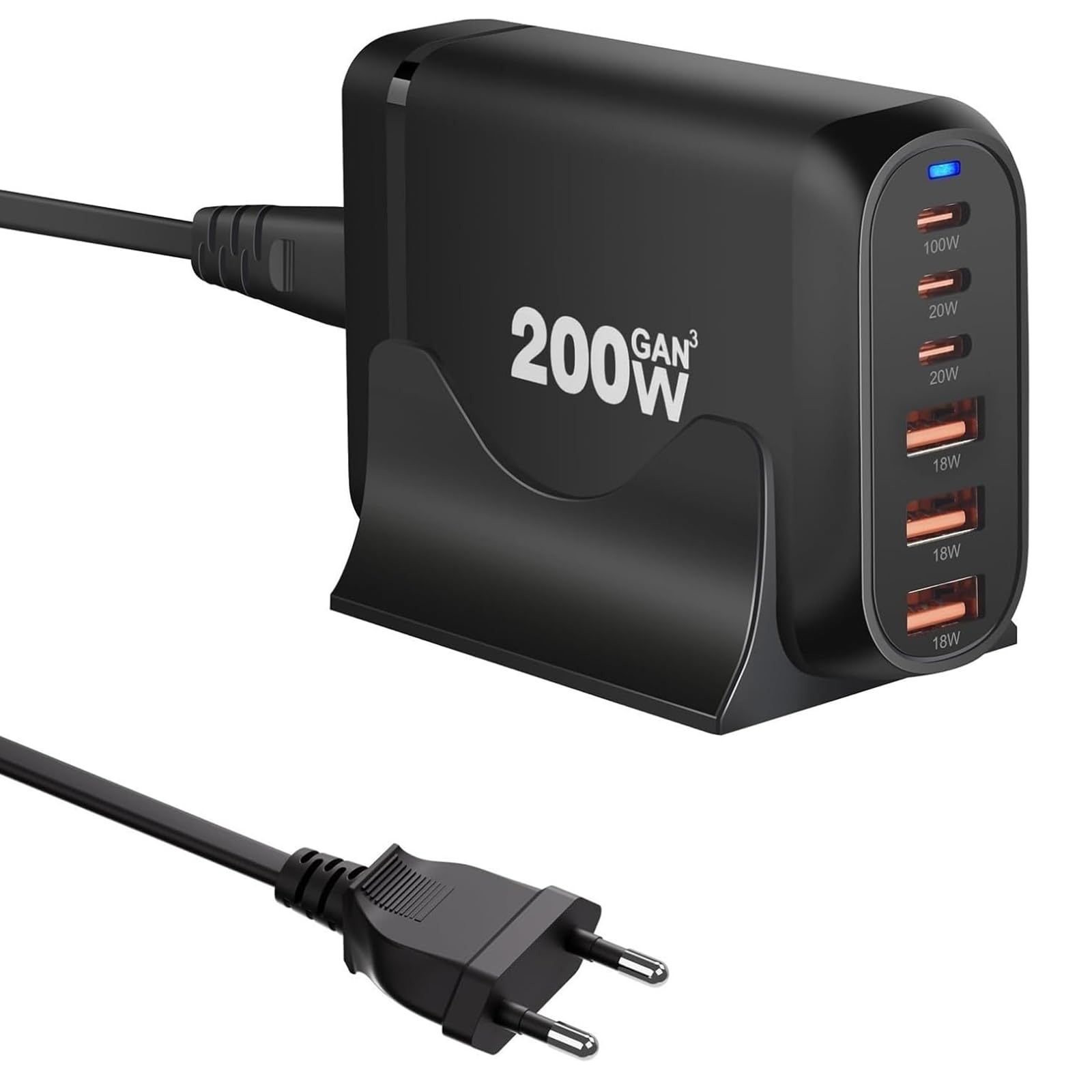 Stazione di ricarica USB 200W 6 porte, caricatore GaN III PD 100W USB-C & USB-A per computer portatili e telefoni (adattatore rapido), compatibile con MacBook Pro/Air, Dell XPS, iPhone 15/16/14 Pro