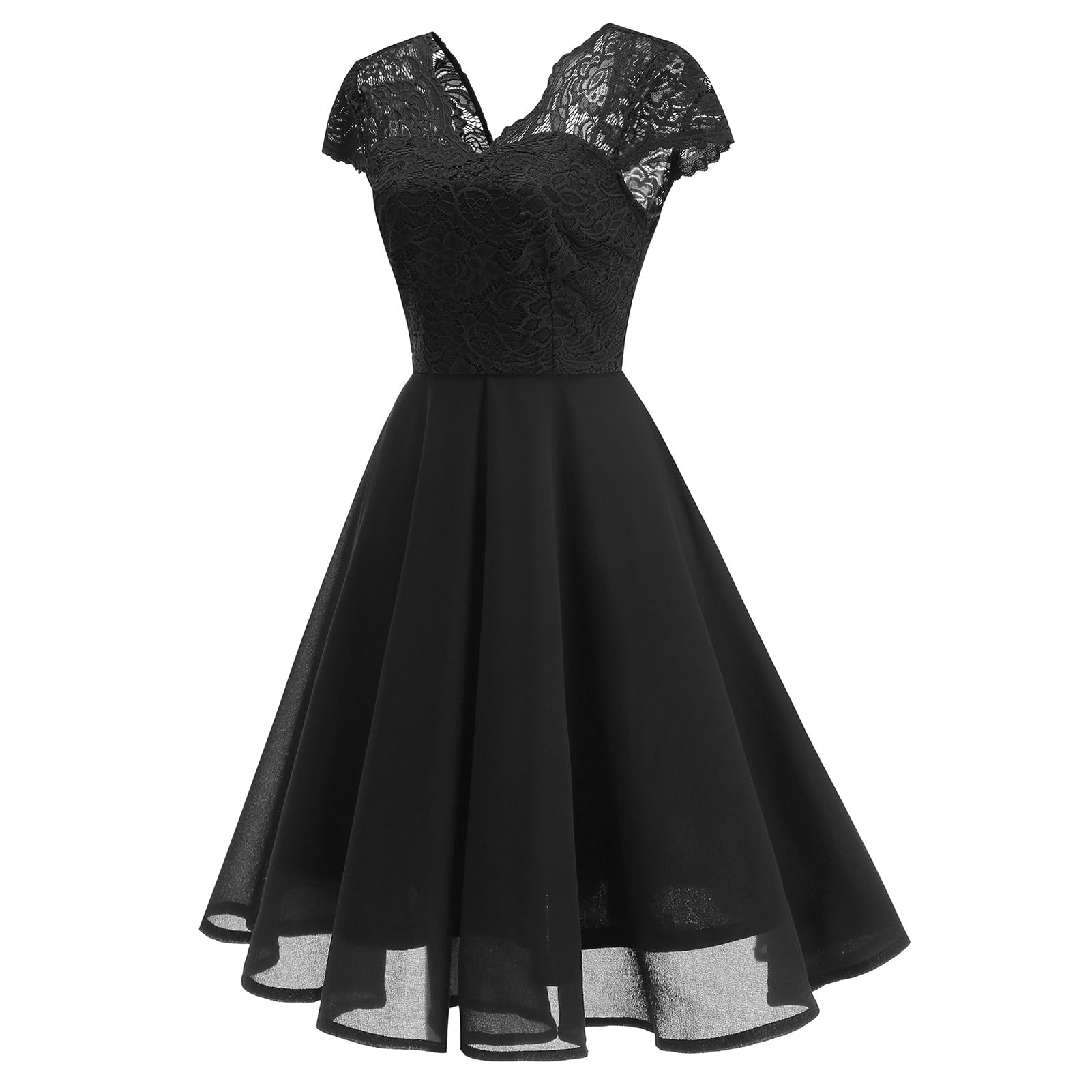 OMEWEE 1950er Vintage Retro Cocktailkleid Damen Elegant Knielang Rockabilly Kleider V-Ausschnitt Chiffon Kurzarm Spitzenkleid A-Line Swing Hochzeit festliches Kleid Kleid Abendkleid