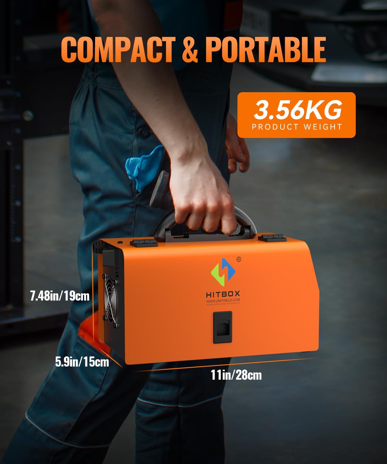 Person holding the compact HITBOX HBM200 welder, showing its dimensions: 11 inches length, 5.9 inches width, 7.48 inches height, and a product weight of 3.56 KG