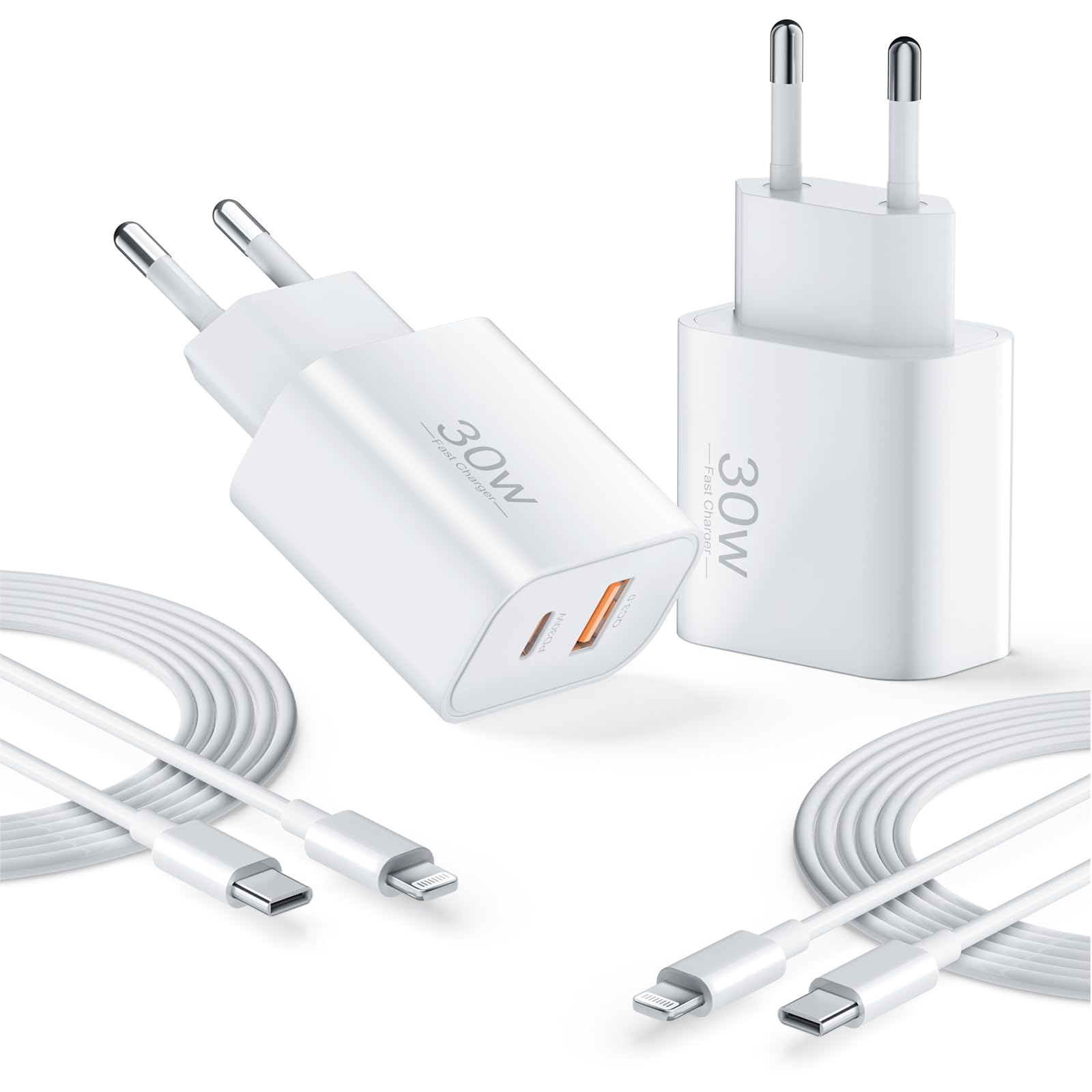 Cargador rápido de doble puerto de 30 W, adaptador de corriente USB C y USB A PD con cable tipo C a L de 2 m, juego de 2 para iPhone 14/13/12/11 Pro Max Plus Mini SE, iPhone XS XR X 8 7 6 5, iPad
