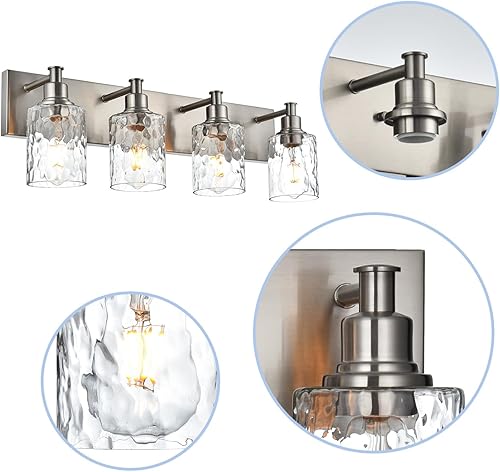 Miniatura 7 de BONLICHT Lámpara de tocador de baño de 4 luces de níquel cepillado industrial con pantalla de vidrio martillado para sala de estar, dormitorio,