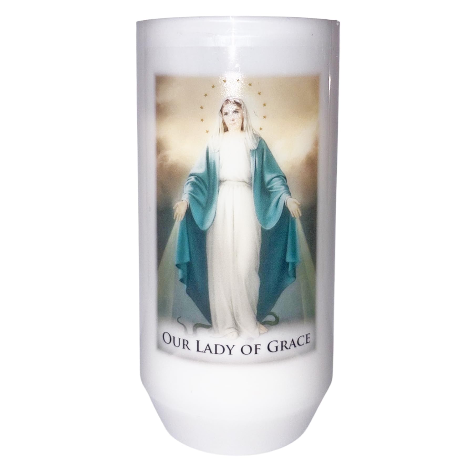 Cbc Distributors Multicolour Religious Votive Candle In Holder With Prayer 40 Hour Burn Time 12.5Cm - Miraculous Our Lady Of Grace