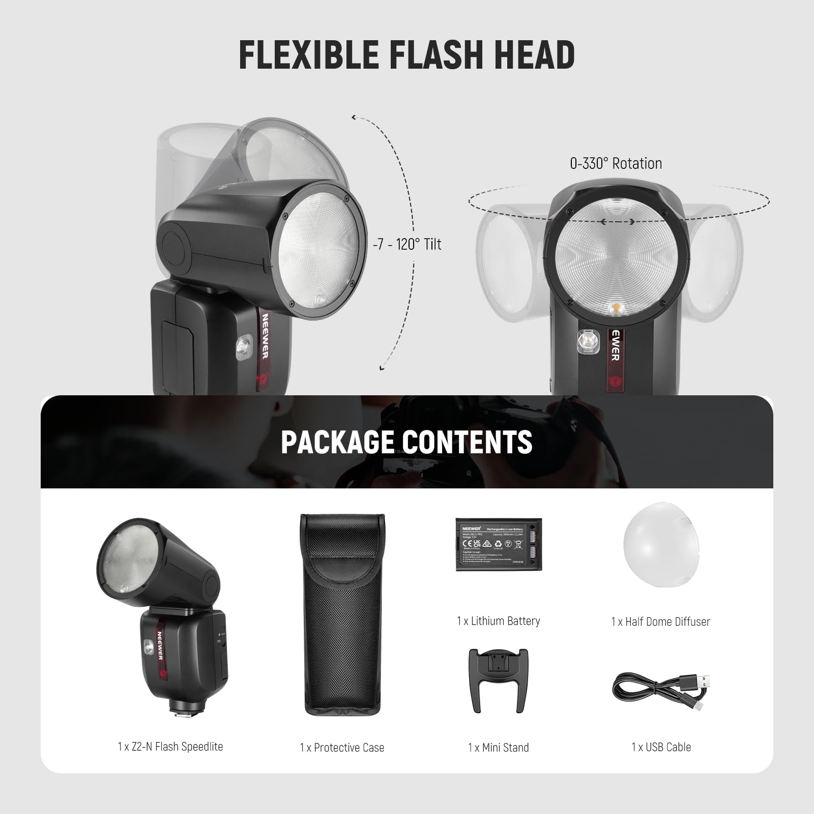 NEEWER Z2-N Flash Speedlite TTL Tête Ronde 2,4G Compatible avec Nikon, HSS 76W 1/8000s avec Diffuseur, 2 Lampes Pilotes, Nouvelle Interface Utilisateur, Sélecteur TCM TTL/M, Batterie 3000mAh 600 Flash