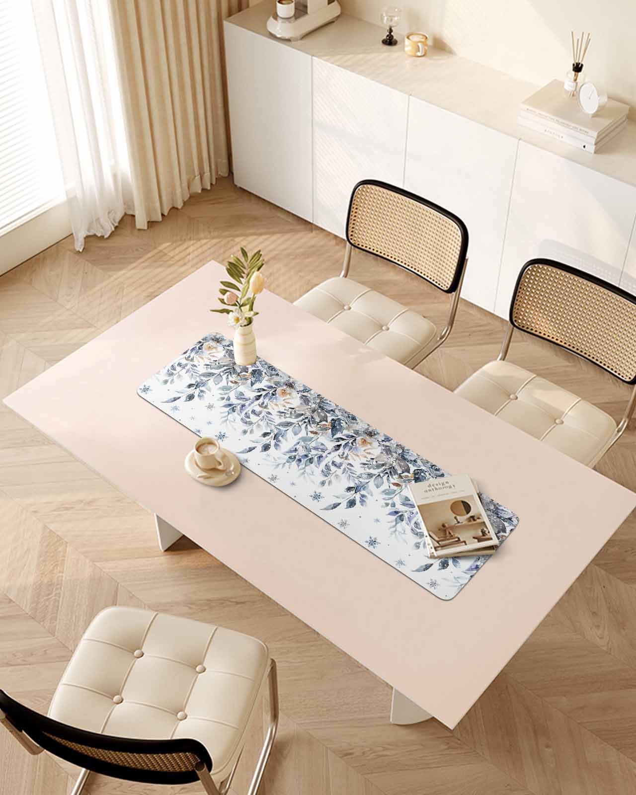 Debedcor Heat Proof Table Pads Waterproof Decorative, Christmas Eucalyptus Leaves Non-Slip Table Countertop Protector, Winter Floral Snowflake Insulation Mat for Kitchen Room, 40 x 12 Inches