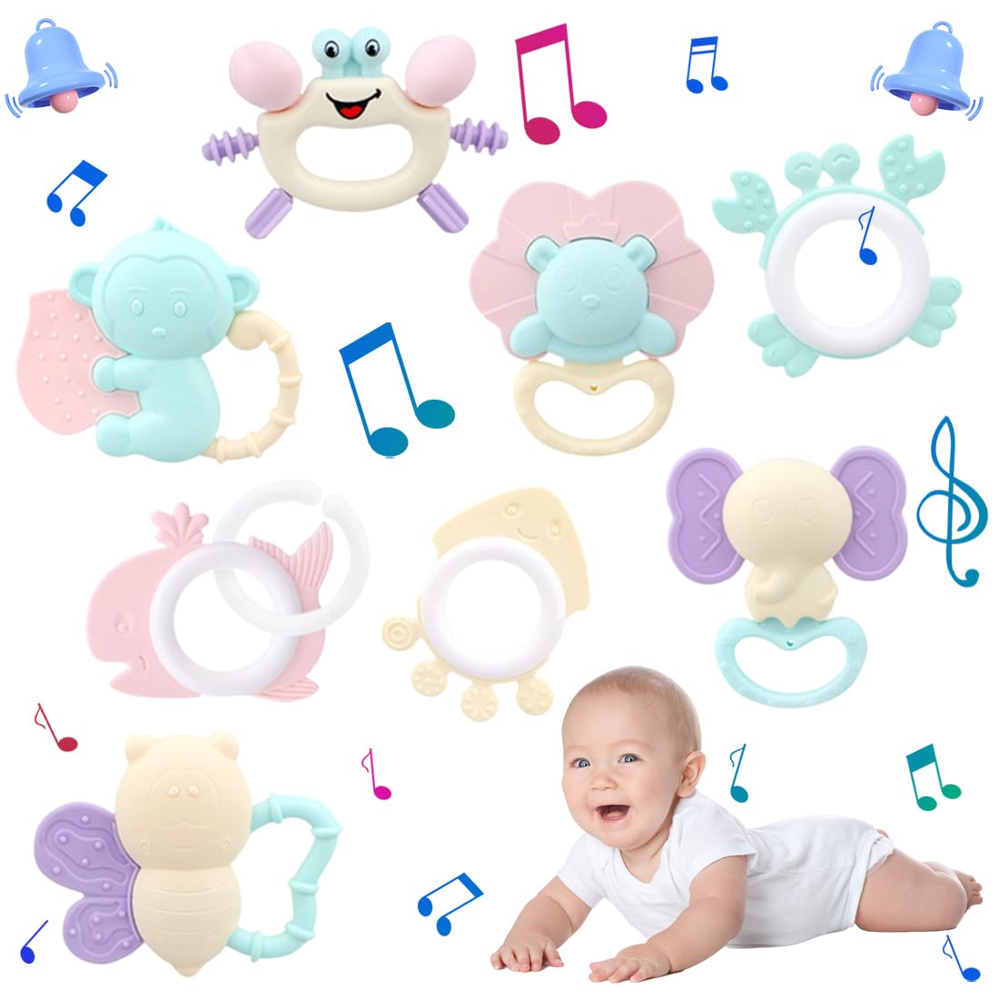 Baby Toys 0-3, 6 & 12 Months, 8 Pieces Baby Rattles, Sensory Rattle for Kids, Baby Gift