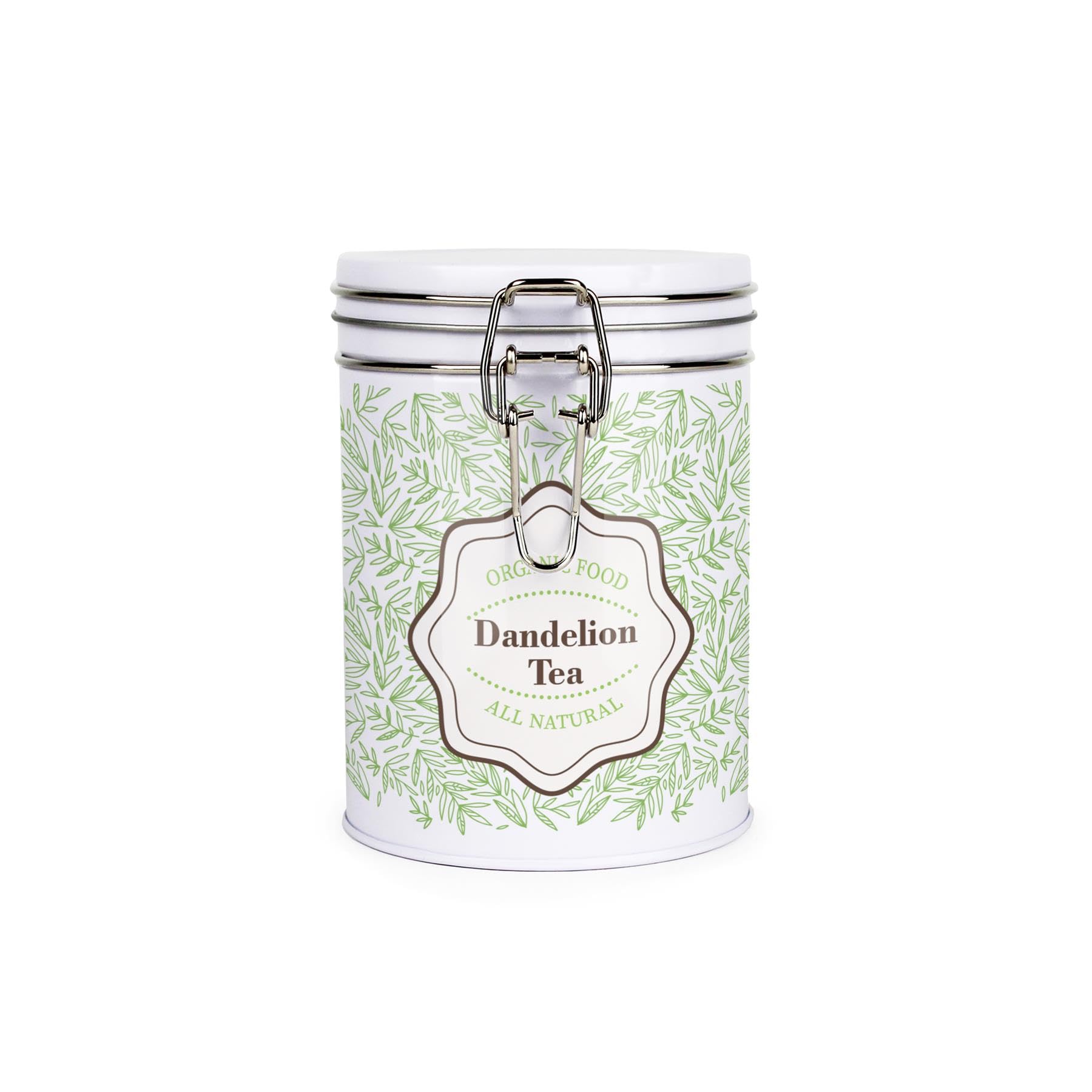 Organic Green Leaves Dandelion Tea Storage Canister - Stylish Green Home Décor - White Metal Clip Lid Kitchen Drinks Essentials & Food Storage Jar/Container 700ml (13cm x 9.5cm) - Housewarming Gift