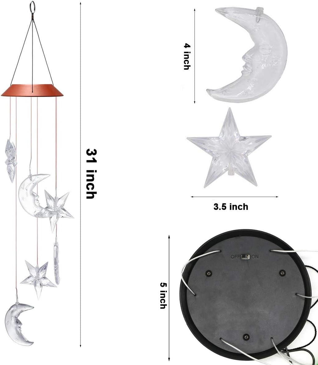 Stormshopping LED Solar Moon and Star Wind Chime, Changing Color Waterproof Six Hanging Lights Wind Chimes Solar Mobile for Home Party Night Garden Decoration