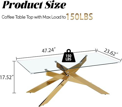Miniatura 2 de Mesa de centro de cristal, mesa central rectangular moderna con parte superior de vidrio templado y patas de metal dorado, mesas de té para sala de