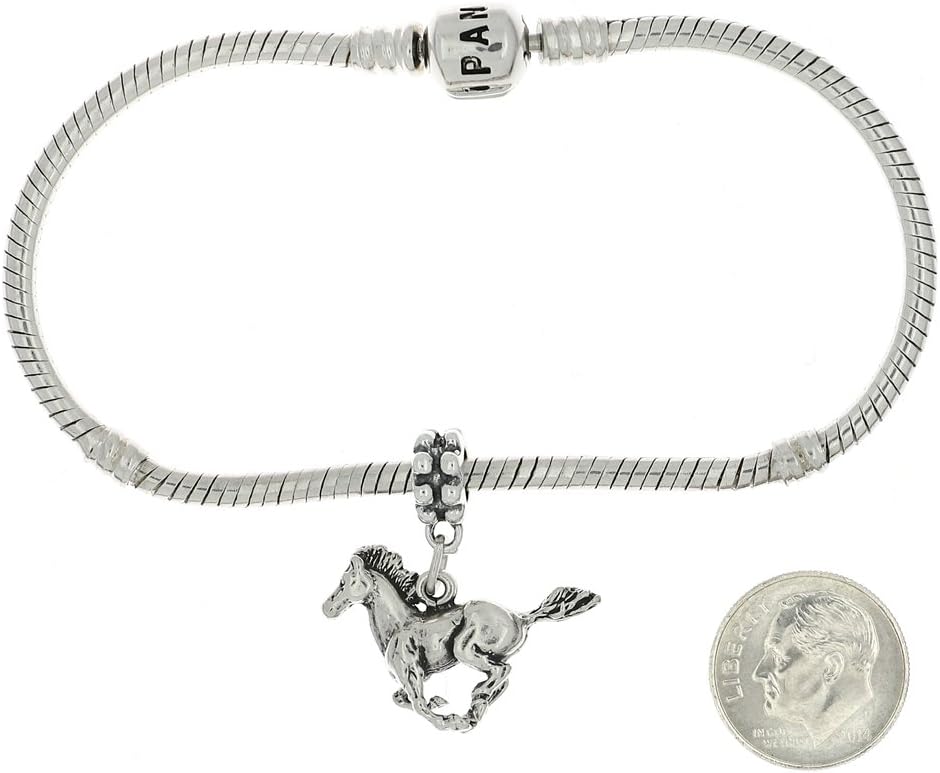 Sterling Silver Oxidized 3D Mustang Horse Stallion Dangle Bead Charm Compatible with Pandora Bracelets