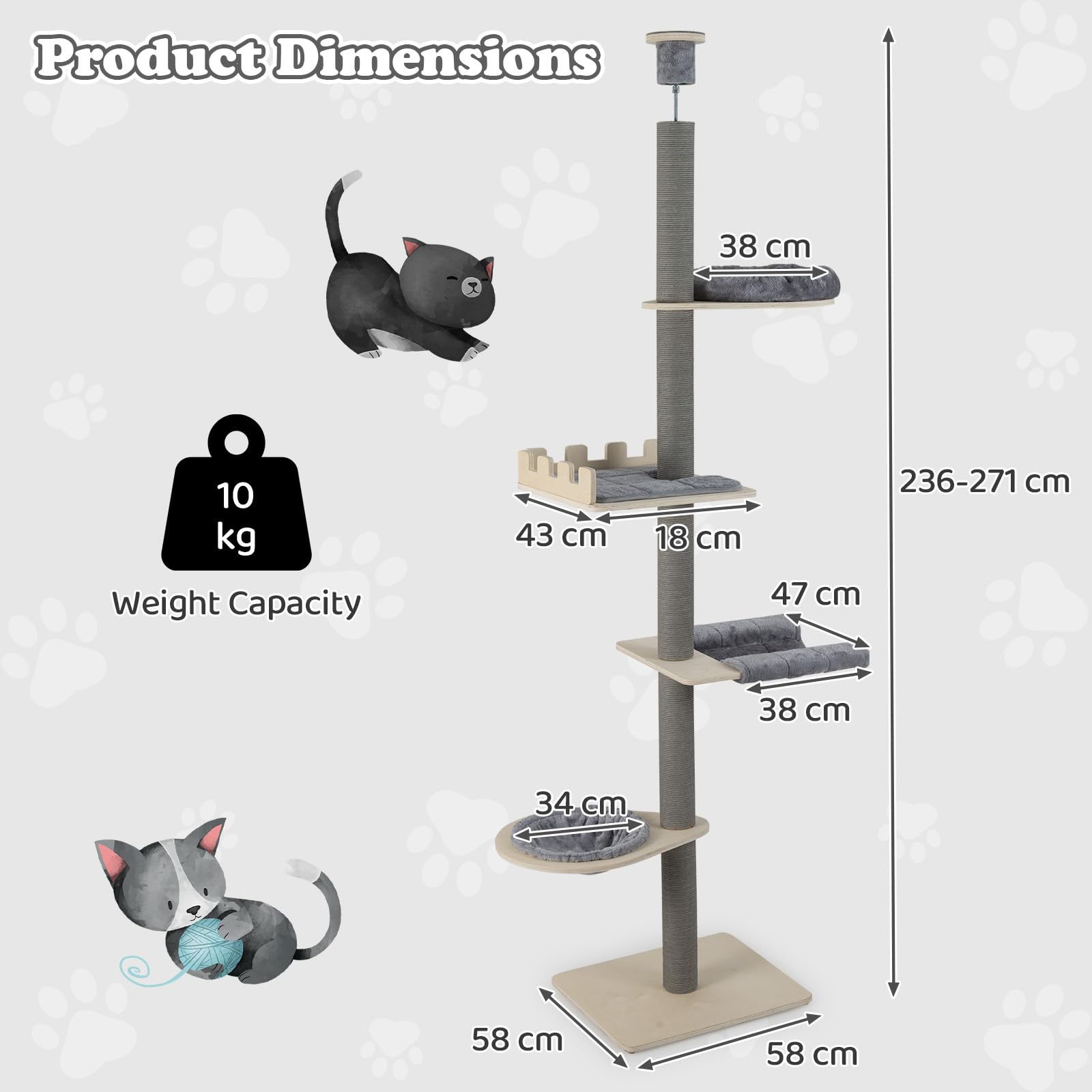 GOPLUS Árbol Rascador para Gatos de Techo, Torre para Gatitos de 5 Niveles con Altura Ajustable, Postes Rascadores, Cama Cesta, Hamaca y Plataformas, Centro de Actividades para Gatos de Interior
