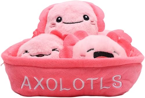 Juego de juguetes de peluche de ajolote rosa, 5 piezas de lindos ajolotes sonrientes en una canasta suave, peluches de animales de peluche de 7.87