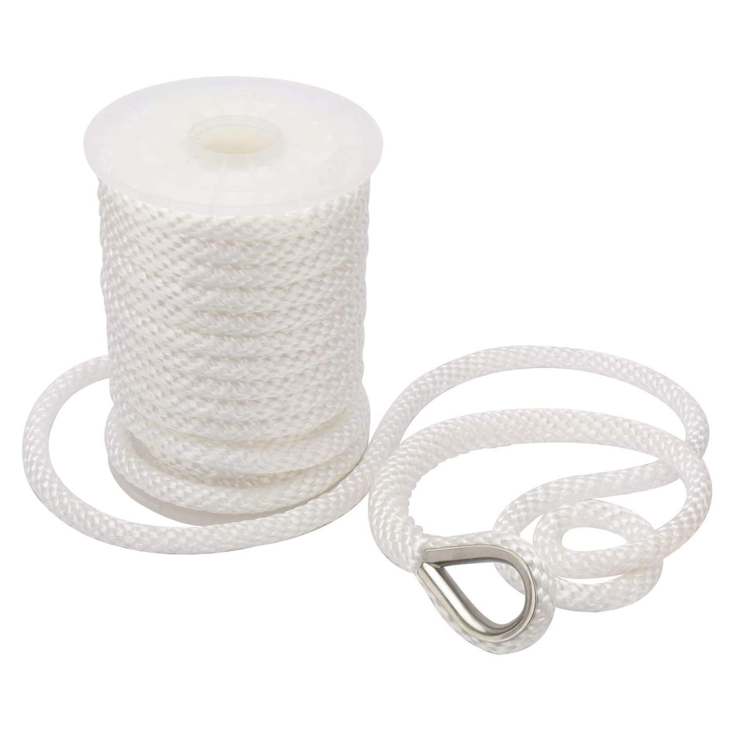 Photo 1 of NovelBee 3/8" x 100' Premium Solid Braid MFP Anchor Line,Best Polypropylene Rope with Stainless Steel Thimble,Working Load Limit 250 lbs;Breaking Strength 1290 lbs White