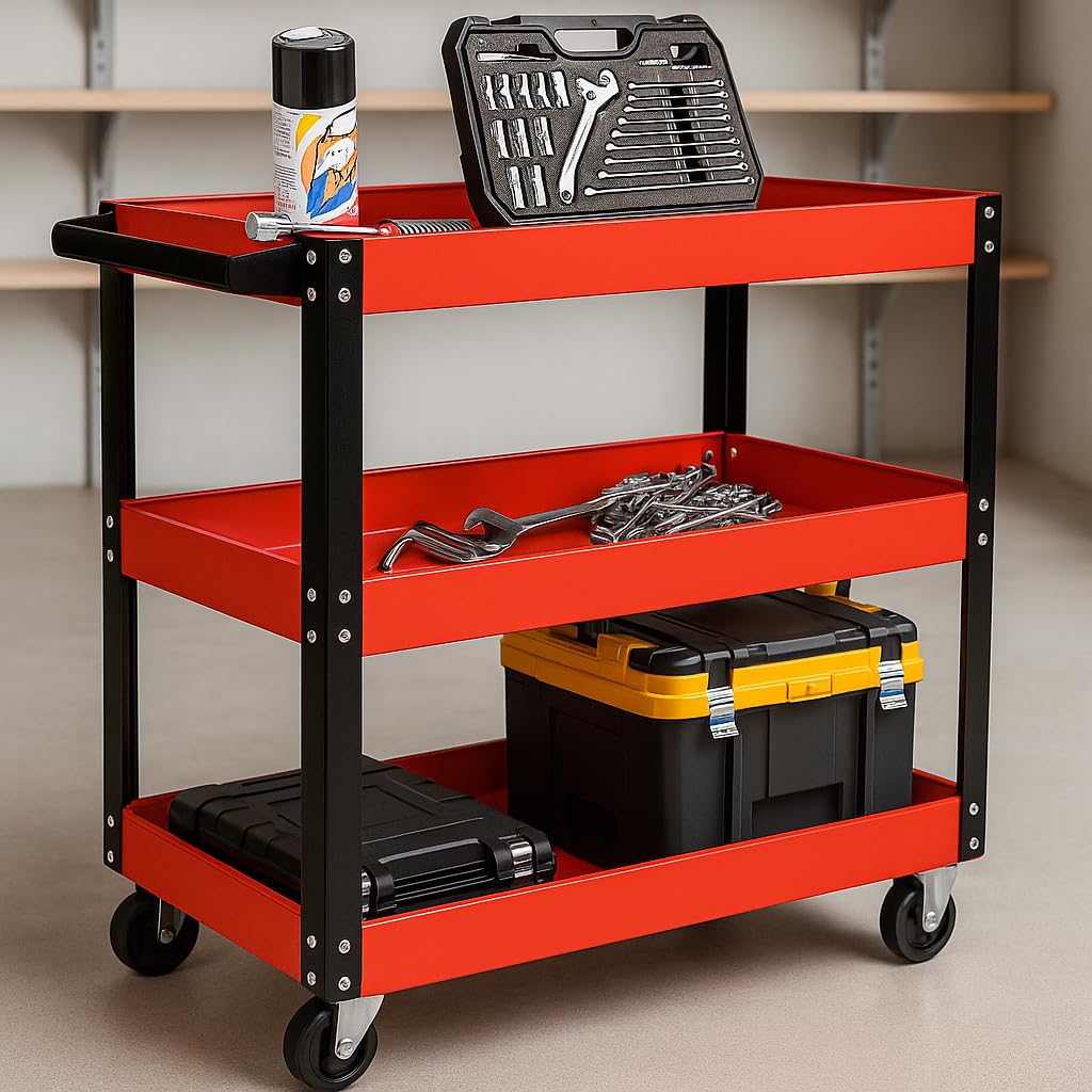 Carro de Herramientas con Ruedas vacío Carro de Taller mecánico para Herramientas con 3 Bandejas de Almacenamiento y Asa Lateral para Garaje Mecánico Hogar. 70 x 35 x 76 cm