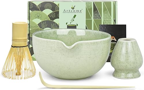 Artcome Juego de té Matcha de alta calidad, cuenco tradicional de matcha de 20.2 onzas con boquilla de vertido, batidor de bambú, soporte para
