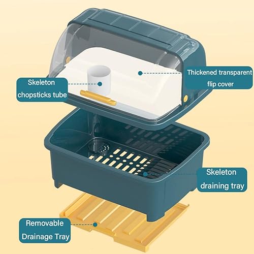 Miniatura 5 de Escurridor de platos, escurridor con cubierta, escurridor grande de platos, escurridor de platos para encimera de cocina, tapa azul, bandeja de