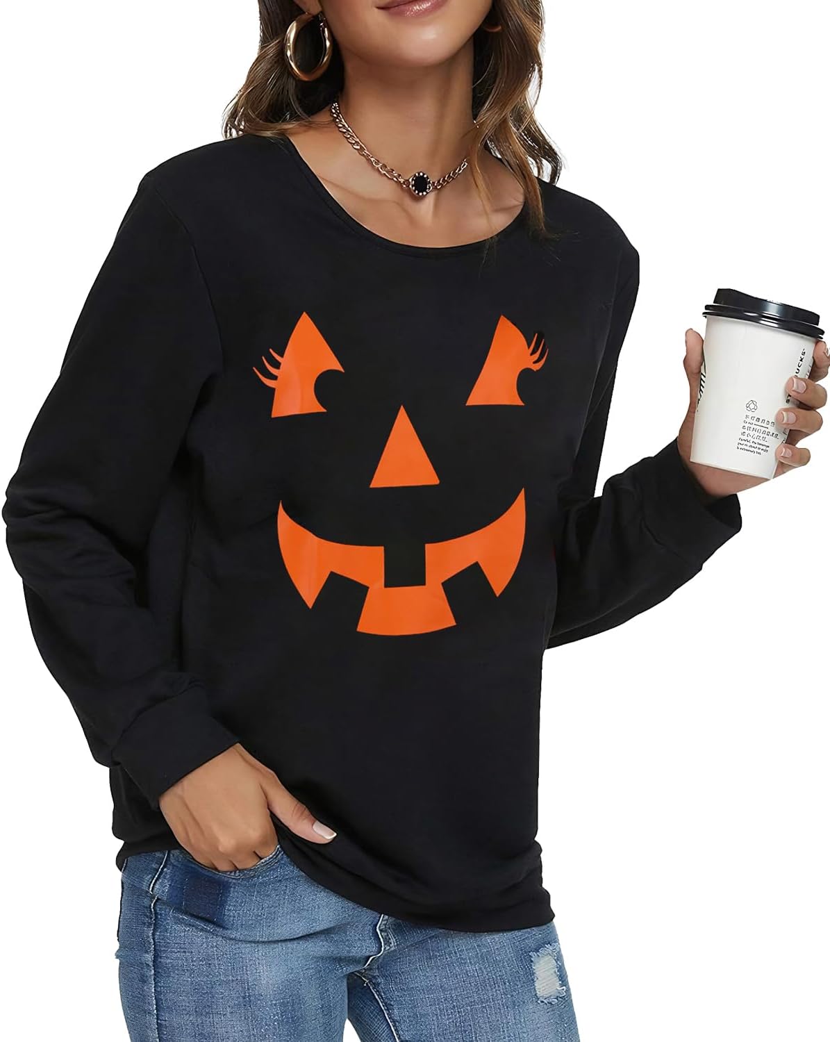 Women Halloween Sweatshirts Pumpkin Face Dancing Skeleton Shirt Long Sleeve Sweater Funny Graphic Pullover - Image 5