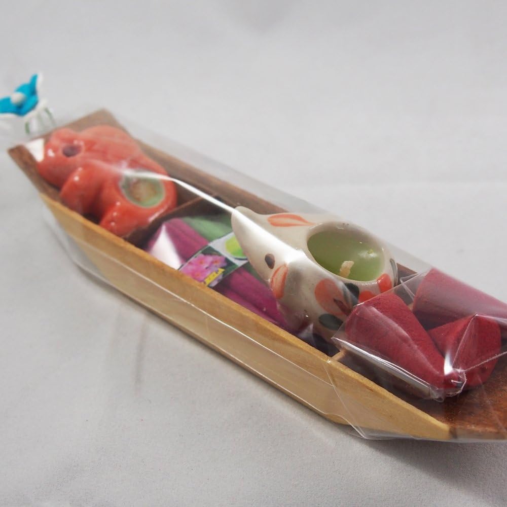 Incense Aroma Stick, Cone Incense, Mini Elephant Candle and Elephant Incense Holder Set in Thai Boat