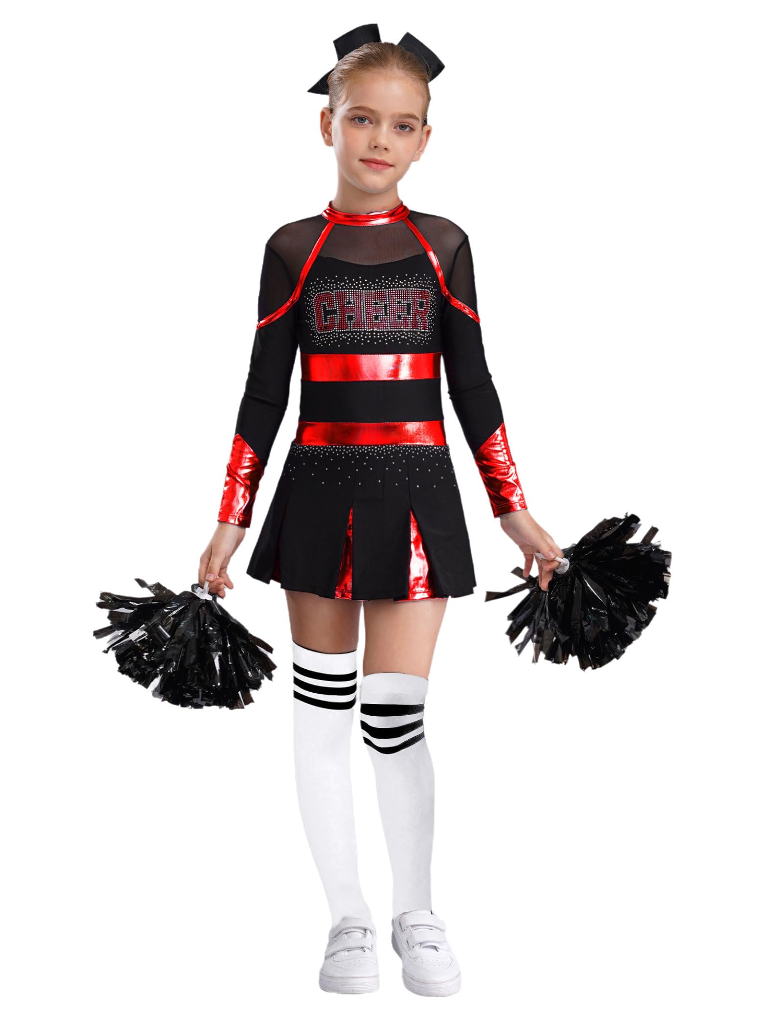 Miaeowve 4 Pcs Girl Cheerleading Uniform Dress Cheer Leader Costume Cosplay Outfits for Kids Halloween Carnival Dress up Red&White 5-6 Years