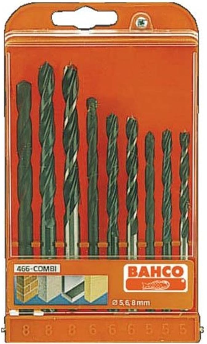 Bahco 466-COMBI BH466-COMBI Twist/Masonry and HSS Drills Set, Multi-Colour, Set of 9 Pieces