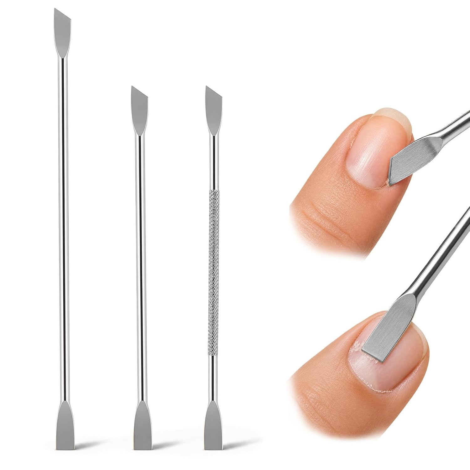 3PCS Cuticle Pusher Set – Professional Stainless Steel Dual-Ended Nail Tool with Flat & Angled Heads, Dead Skin & Gel Polish Remover for Salon and Home Manicure Pedicure, Silver