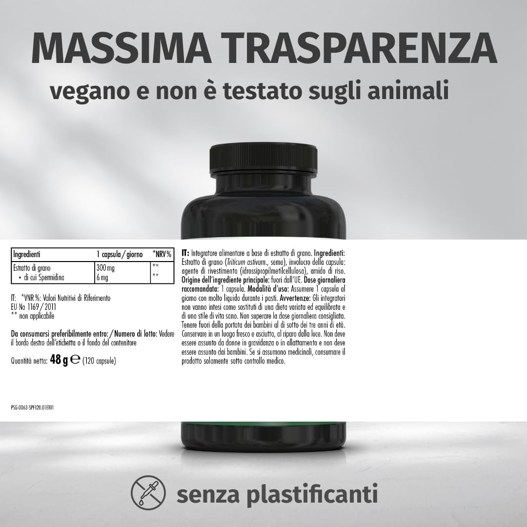 Spermidina Forte - Dosaggio elevato: 6 mg per capsula dall'estratto di germe di grano - Testato in laboratorio - 120 Capsule - Green Naturals®