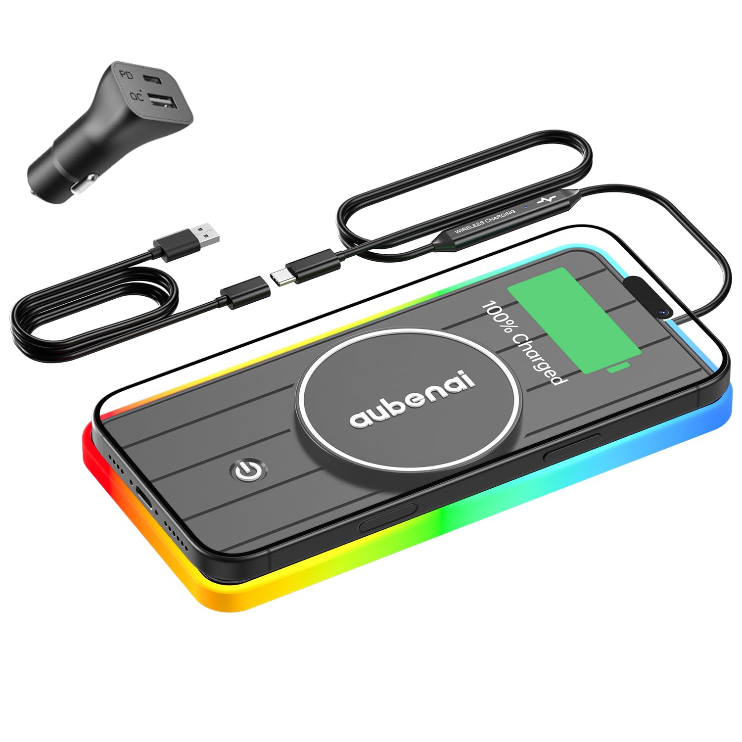 für MagSafe Auto Ladegerät Pad, 15W RGB Magnetische Wireless Car Charger Matte, Auto Magnetische Induktive Ladestation mit 70cm USB-A Verlängerungskabel Kompatibel mit iPhone 16 15 14 13 12