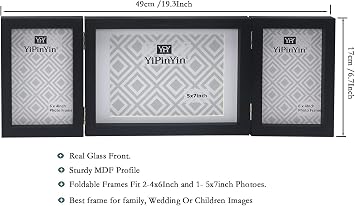 Black Triple Multi Photo Frame 2-6x4'' and 7x5'', Hinged Foldable 3 Picture Frames for Multiple Pictures 2-4x6''+ 5x7'', Black Wood effect College Picture Frames for Tabletop