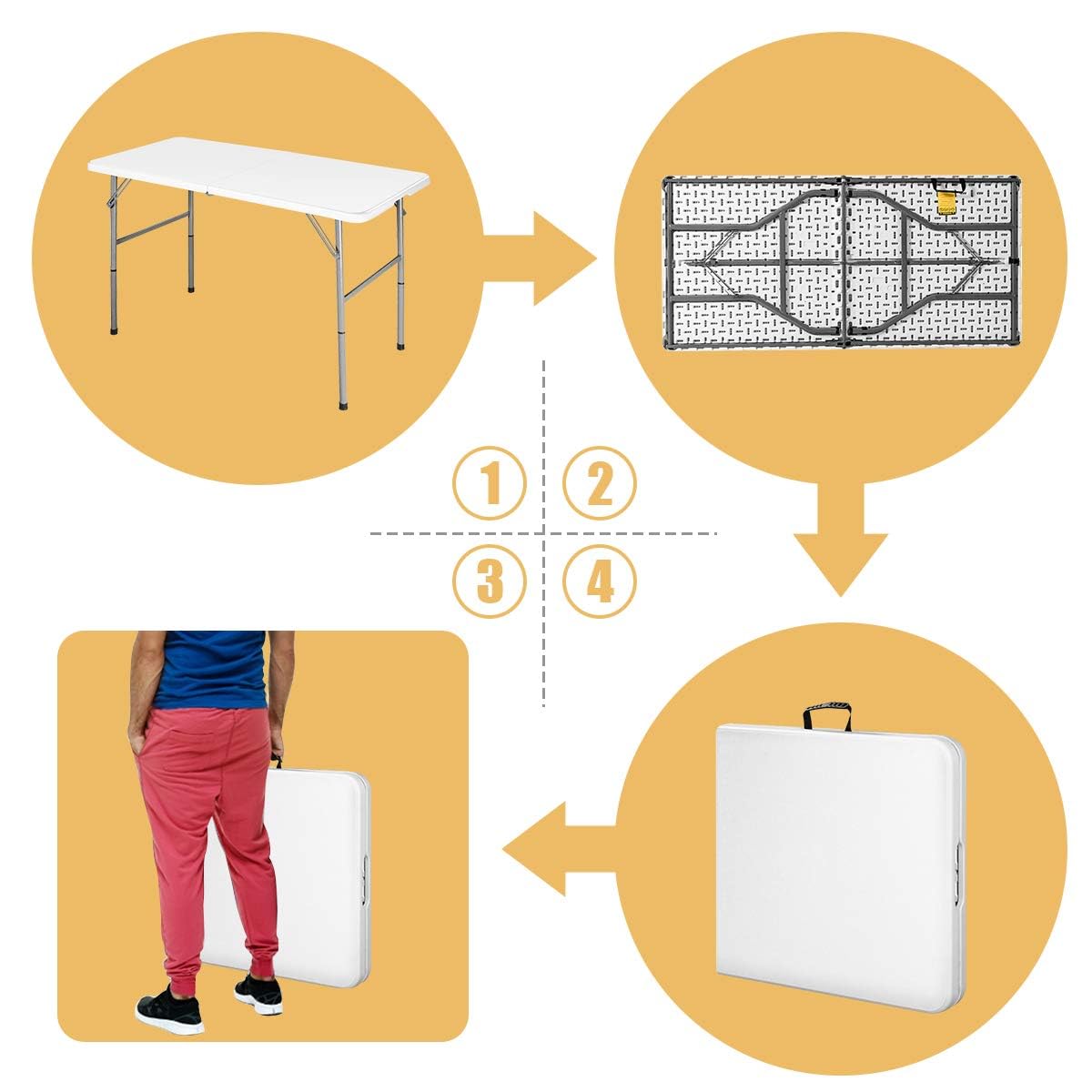 RELAX4LIFE 2 in 1 Tavolo Pieghevole da Campeggio, Richiudibile con Maniglia, 120x60cm, Altezza Regolabile 48,5/62/74,5cm, Portatile Tavolino per Picnic, Giardino, Barbecue, Portata 150kg, HDPE/Metallo