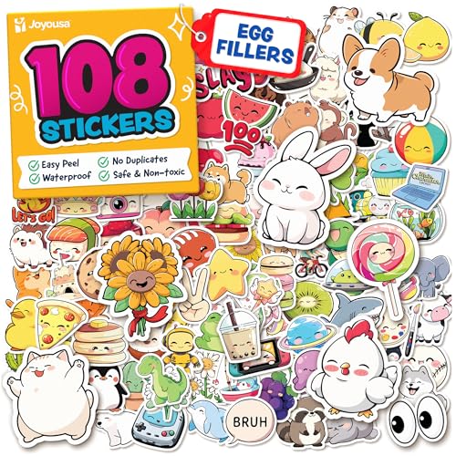 Cute Stickers for Kids - Kawaii Water Bottle Stickers for Teens - 108pc Sticker Pack - Waterproof Vinyl Stickers for Water Bottles, Scrapbook - Easter Egg Fillers for Kids & Easter Basket Stuffers