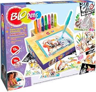 Lansay - BLOPENS - Super Centre d'Activités Animaux - Nouveau - 16 Pochoirs à Effet Aérographe - Boîte Transformable en Pupitre - Bouchons Lavables - Jeu Créatif pour Enfants Dès 5 Ans