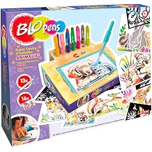 Lansay BLOPENS Super Activity Centre Animals - 16 Stencils with Airbrush Effect - Box that can be Converted into a Desk - Washable Plugs - Creative Game for Children from 5 Years
