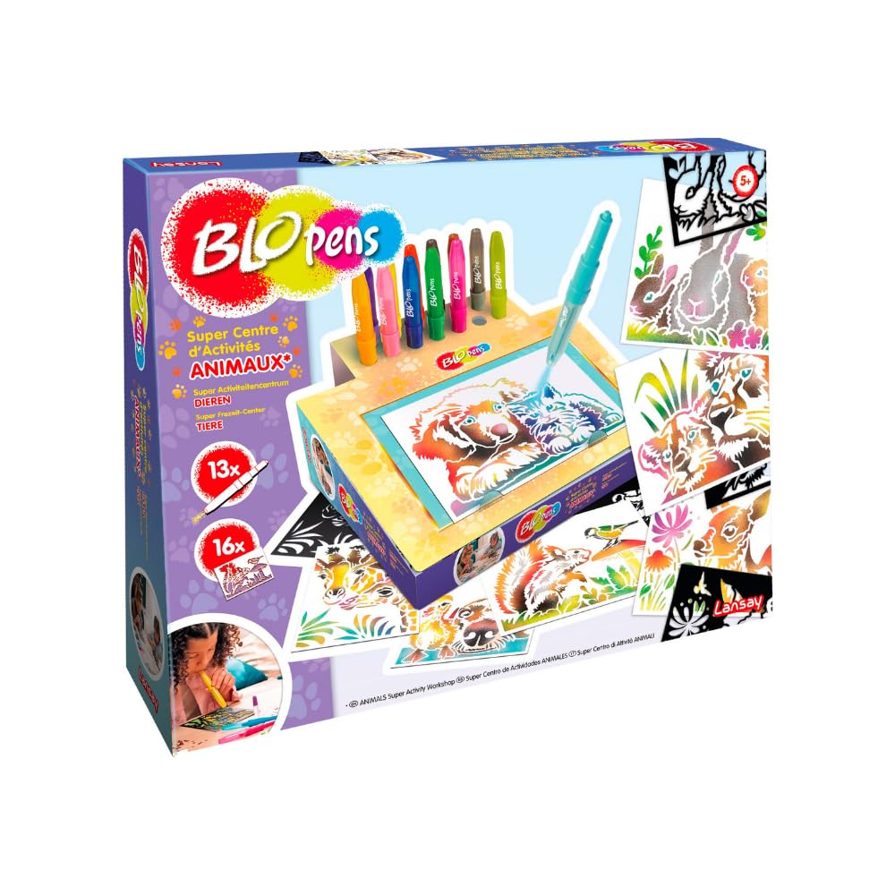 Lansay - BLOPENS - Super Activity Center Tiere - Neu - 16 Schablonen mit Airbrush-Effekt - Box, die in EIN Pult umgewandelt Werden kann - Waschbare Stöpsel - Kreatives Spiel für Kinder Ab 5 Jahren