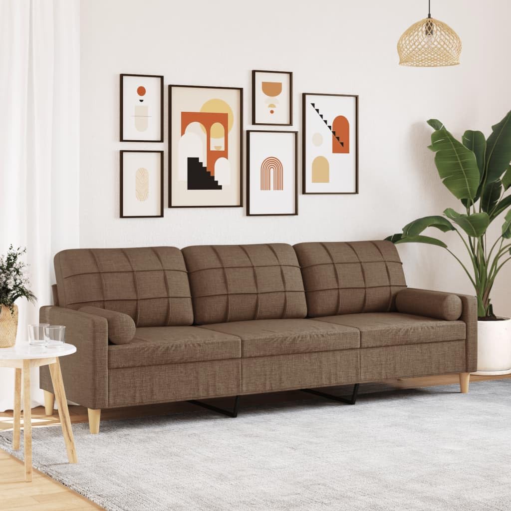 Canapé 3 places avec coussin décoratif marron 210 cm en tissu rembourré pour salon et chambre d'amis, avec espace de rangement et accoudoirs confortables