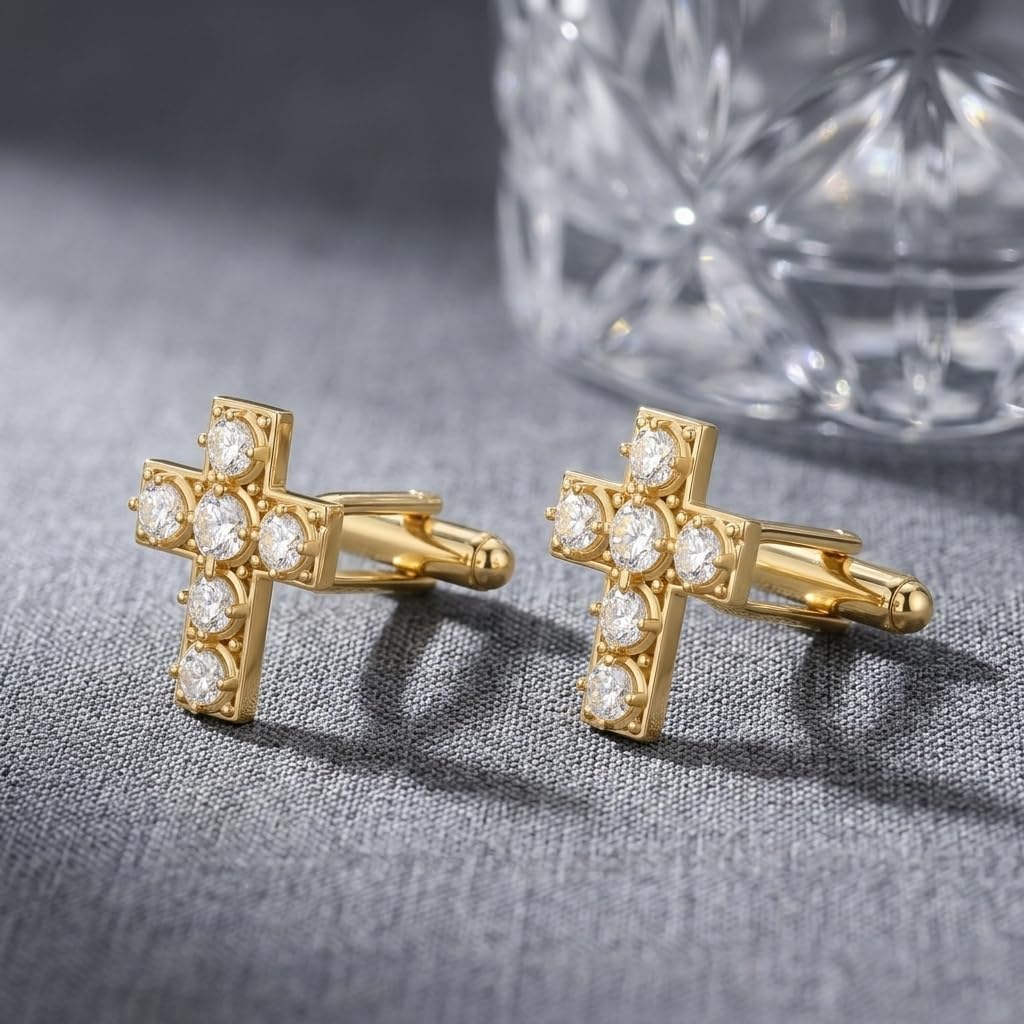 Moissanite Cuff Links Mens 925 Sterling Silver Gold Cufflinks for Men Gold Cross Cuff Links Business Tuxedo Wedding Jewelry Gifts for Men Father Husband