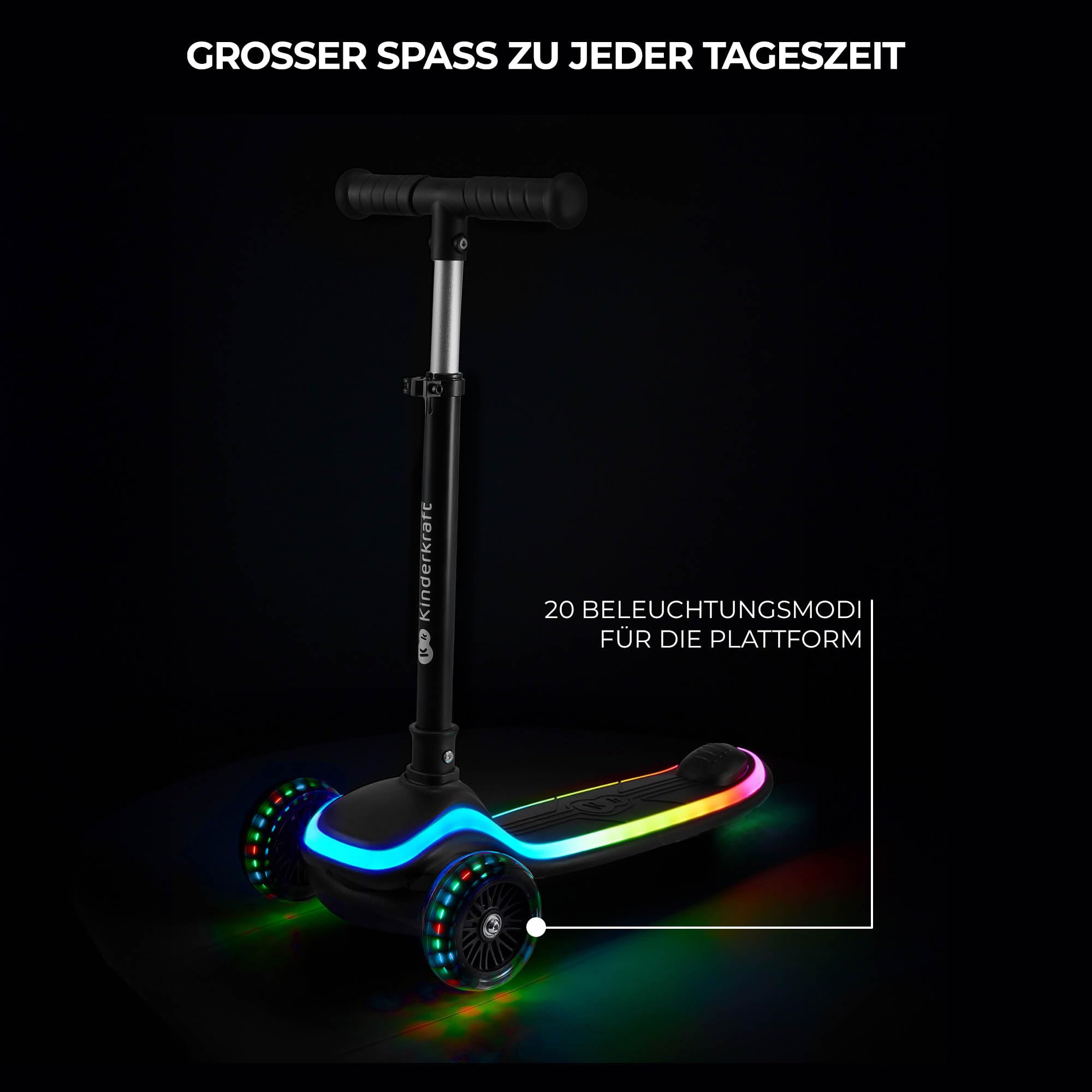 Kinderkraft RAKET Kinderroller ab 1 Jahr bis zu 50 kg, Scooter, Tretroller, LED Räder, Höheverstellbare Lenker, Modernes Design, Schwarz