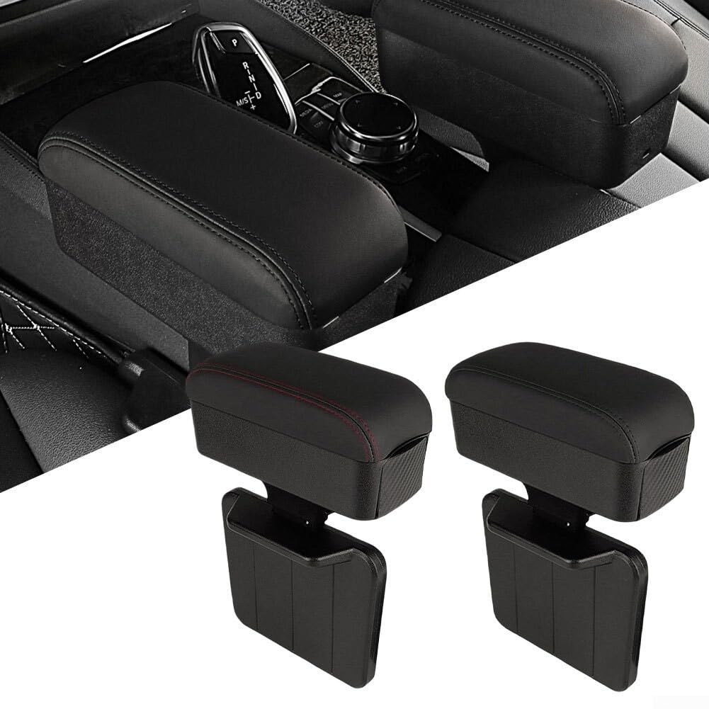 Organizador de consola central, reposabrazos ajustable para coche con portavasos retráctil, caja de almacenamiento para espacio de asiento, bandeja de reposo para codos (línea negra)