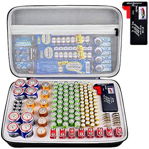 Batteriebox Aufbewahrungsbox Tragetasche mit Batterietester (BT168), Tasche für 140 Batterien AA AAA AAAA 9 V C D Lithium 3 V (ohne Batterien) Cover
