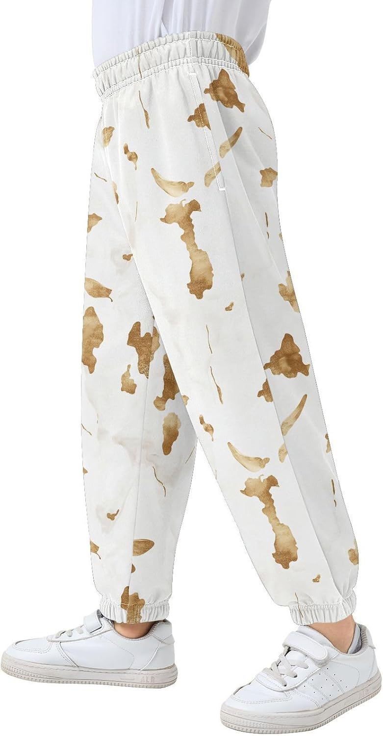 Boy Sweatpants Gold Skin Print White Joggers Casual Athletic Pants Kids Elastic Waist Cuffed with Pockets