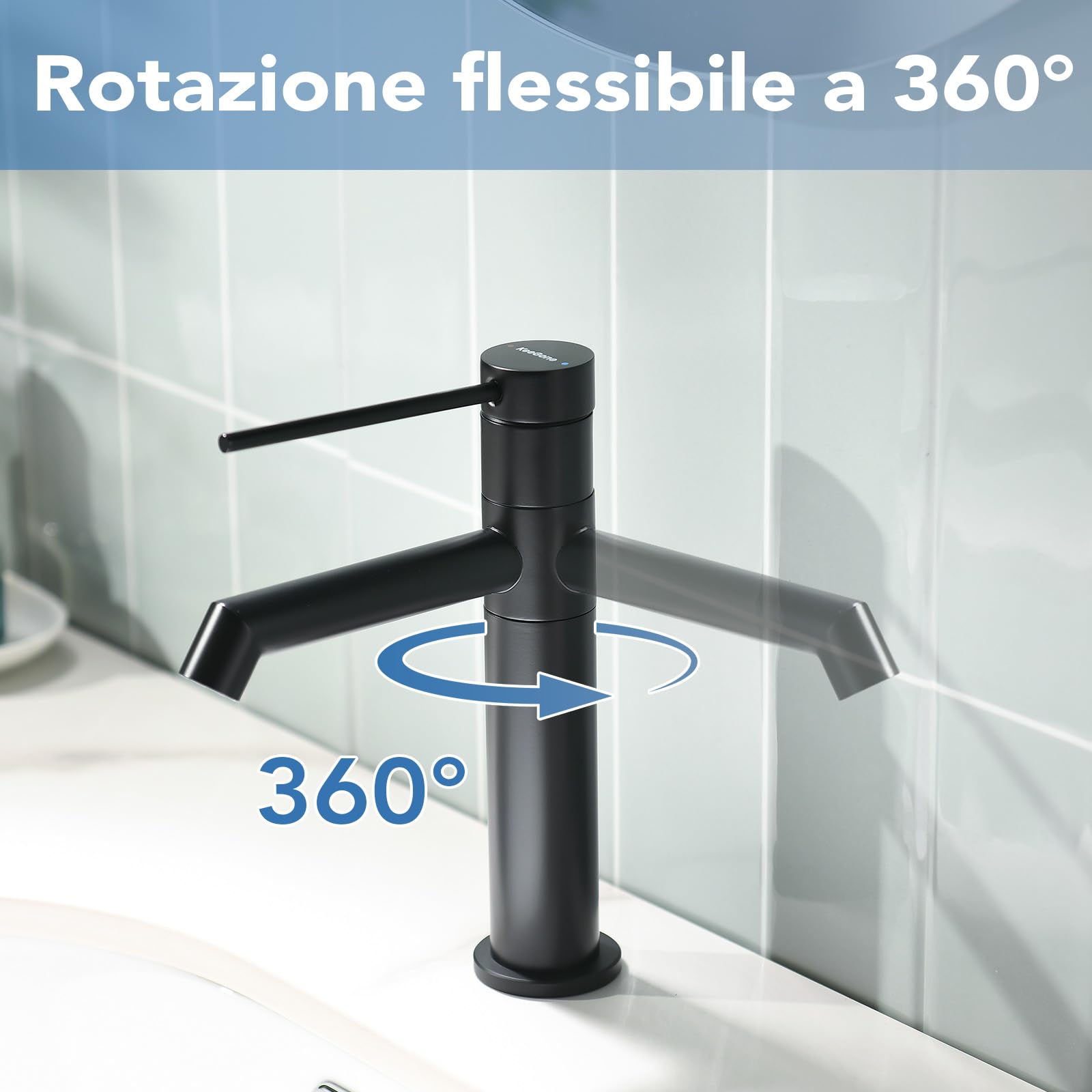 Miscelatore per lavabo girevole a 360°, rubinetto per bagno con miscelatore per acqua calda e fredda, altezza del beccuccio 122 mm, rubinetto monocomando per bagno, nero opaco