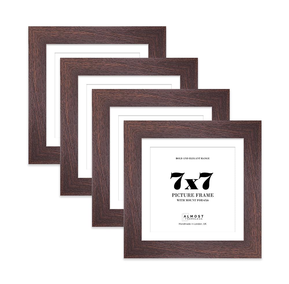 7x7" Walnut Square Frame With Mount for 6x6" Pictures 28mm Edge Frame Display with Wall Hooks and Kickstand, 4 Pack