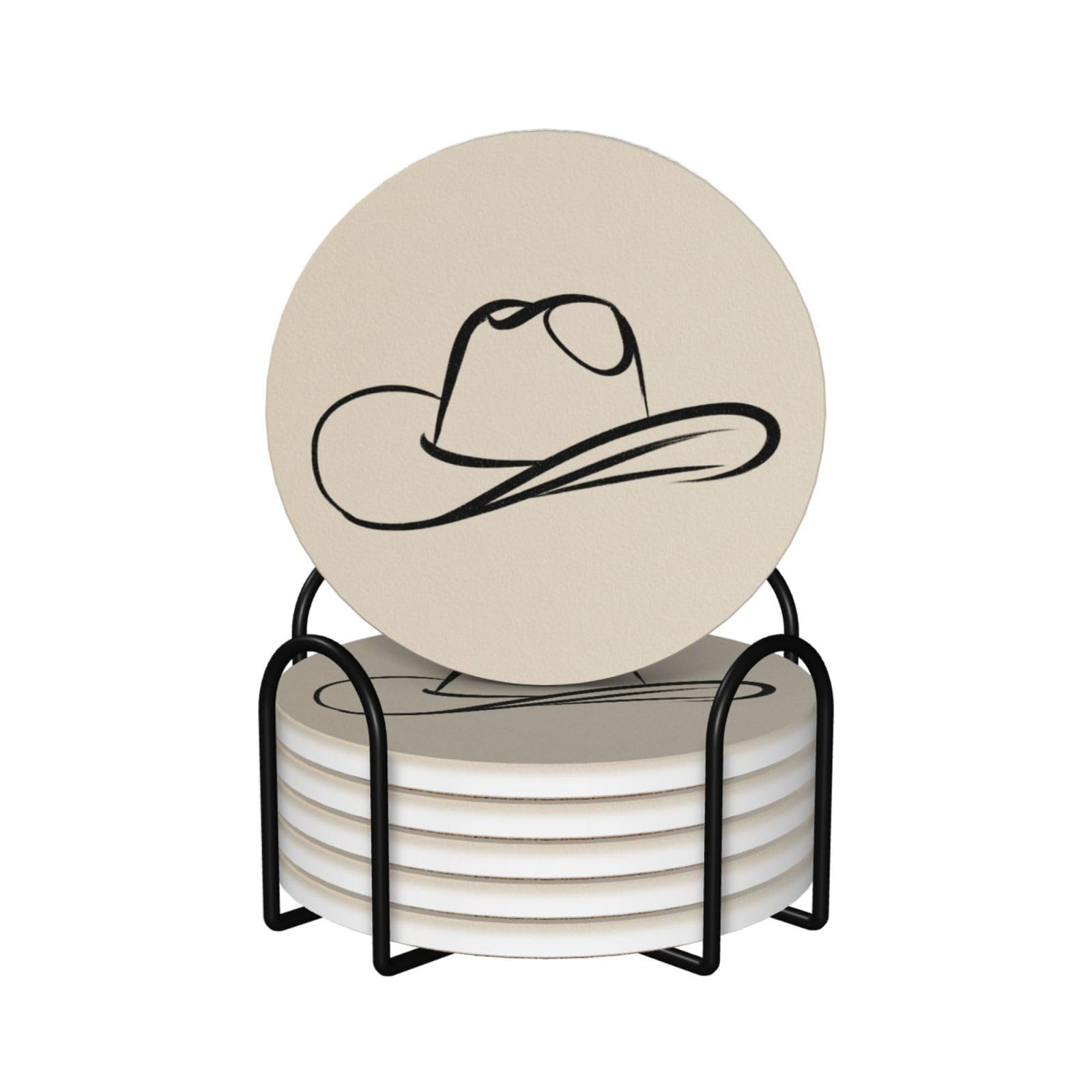 Western Classic Wide-Brim Cowboy Hat Ceramic Coasters with Holder 6ps