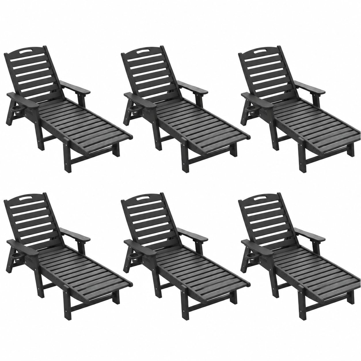 Chaise Lounge Outdoor Set of 6, Lounge Chair Outdoor with Wood Texture, Adjustable 5-Position Backrest, HDPE Lounge Chair with Wheels &amp; Cup Holder for Pool Deck Backyard, Black