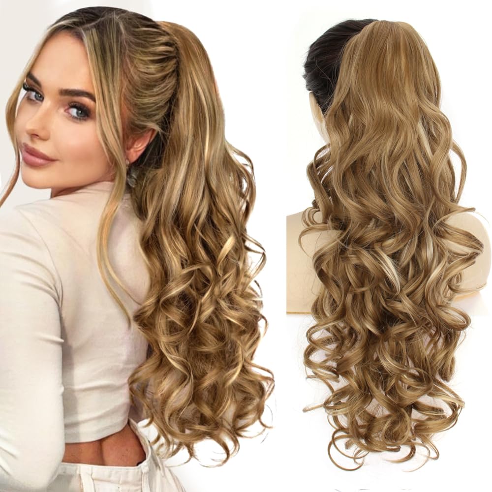 PORSMEER Ponytail Hair Extension Claw Clip in Ponytail Extensions Long Curly Wavy Ponytail Hair Extension Jaw Clip on Pony Tails Hairpiece for Women 26 inches (Medium Blonde with Blonde Highlights)