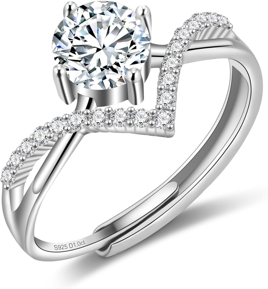 1 Carat Moissanite Rings for Women Sterling Silver Adjustable Engagement Wedding Promise Rings Sterling Silver D Color VVS1 Lab Created Moissanite Ring Jewelry for Women