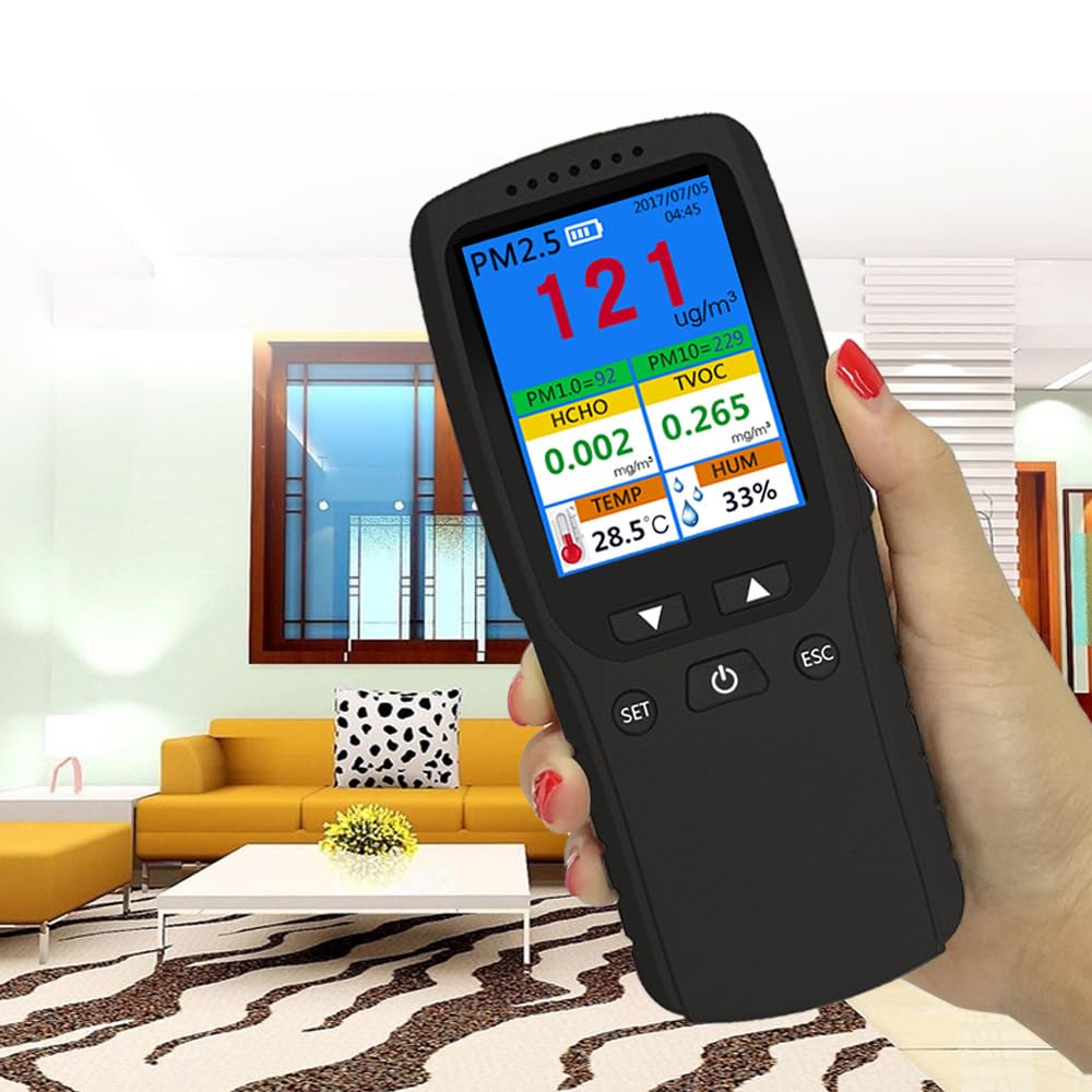 Air Quality Pollution Monitor, Formaldehyde Detector, Temperature & Humidity Meter, Sensor, Tester; Detect PM2.5/PM10/PM1.0 Micron Dust, Test Indoor TVOC Volatile Organic Composite